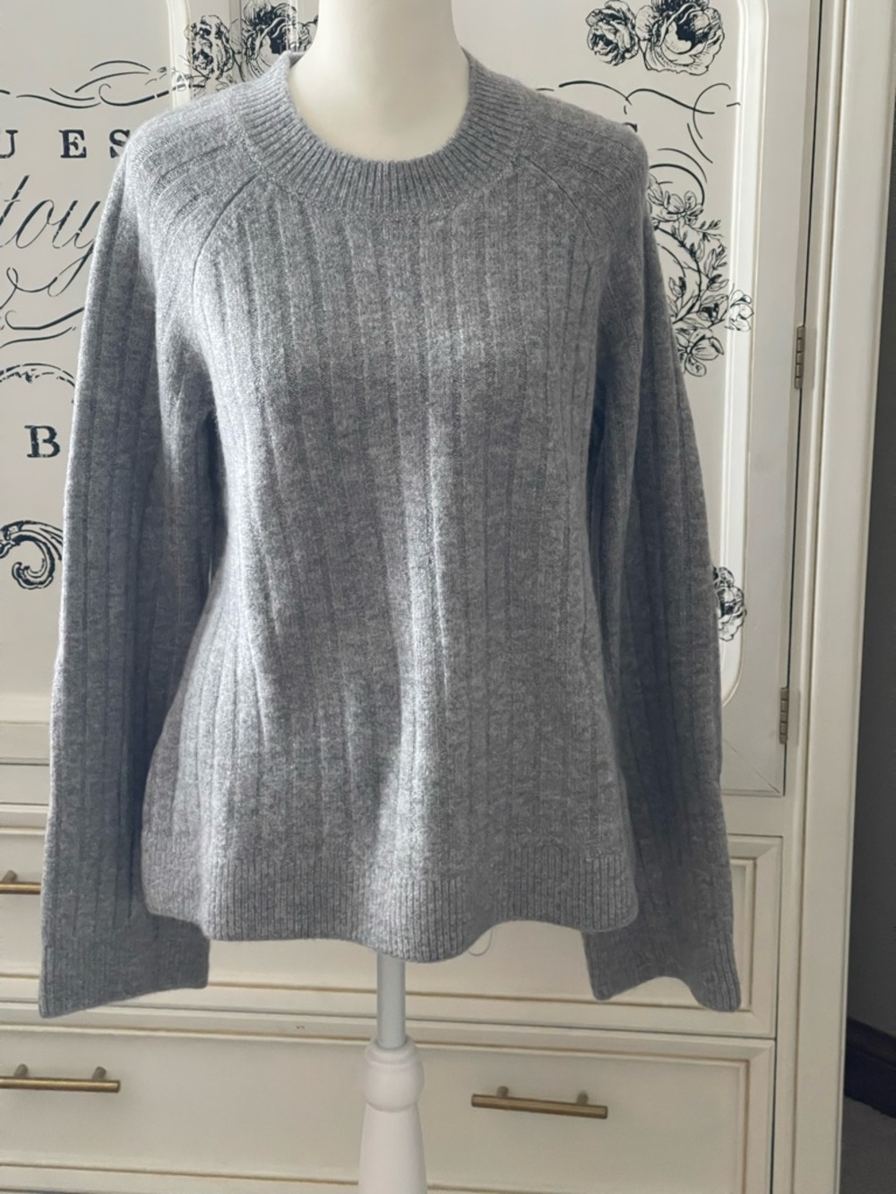 Classic Gray Ribbed Crewneck Sweater - Women's